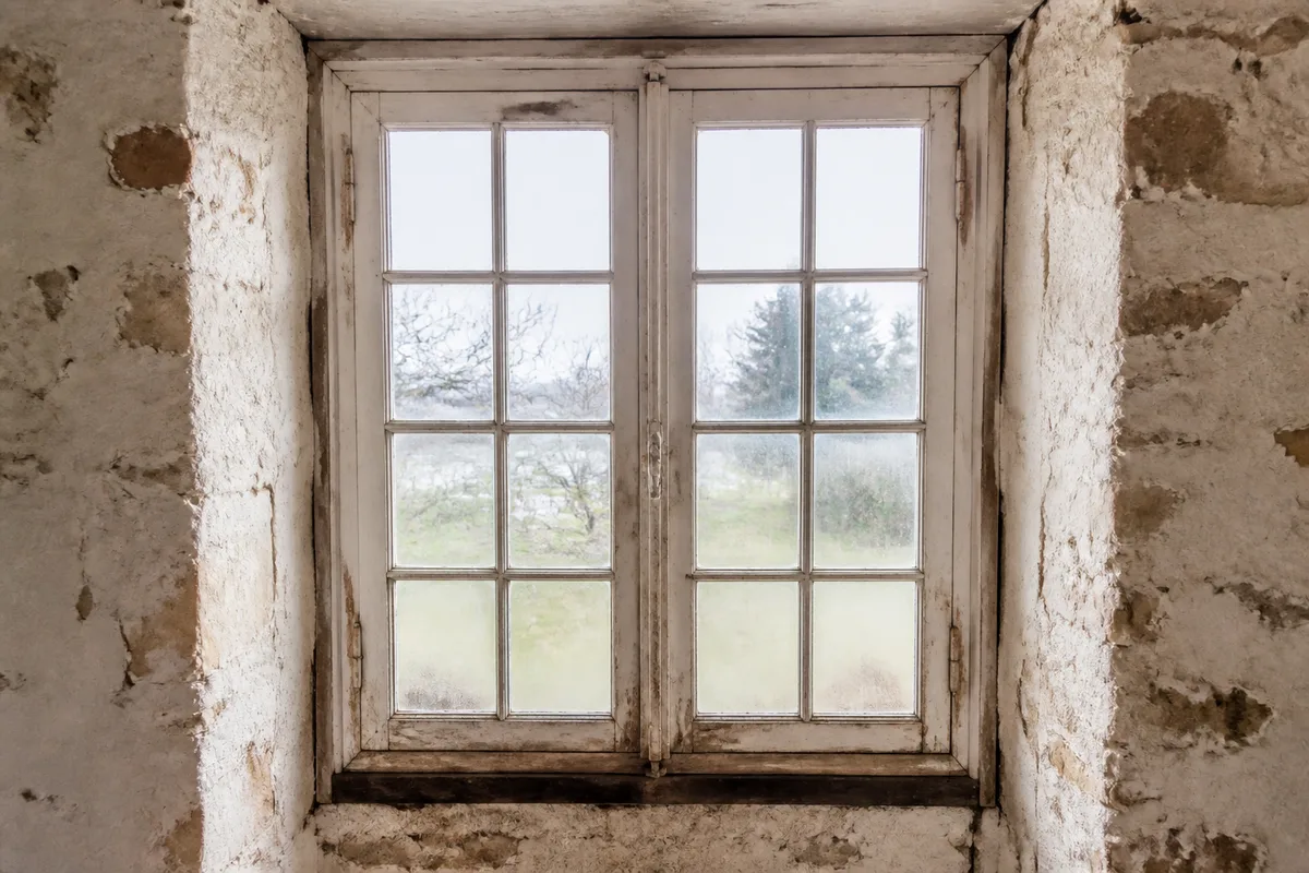 Fenêtre bois ancienne à petits carreaux vue de l’intérieur, traverse basse marquée par l’humidité
