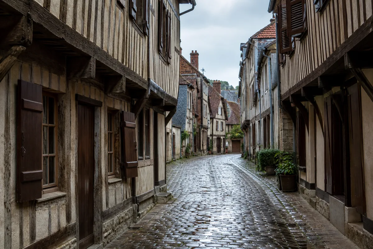 Rue d’un bourg normand bordée de façades à pans de bois en secteur protégé