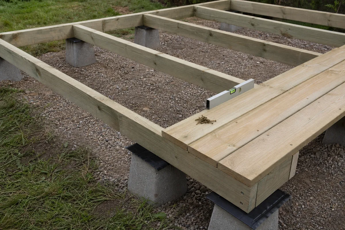 Plancher bois d’un abri de jardin posé sur lambourdes et plots béton