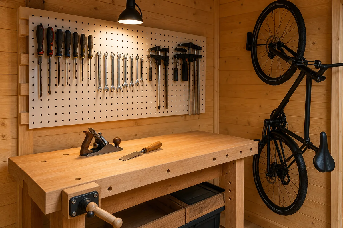 Établi en bois avec panneau perforé et outils rangés dans un abri de jardin