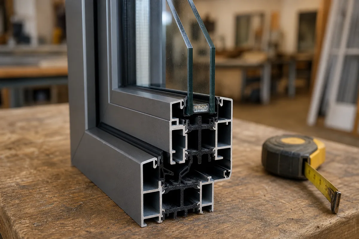 Coupe de profilé de fenêtre aluminium à rupture de pont thermique posée sur un établi