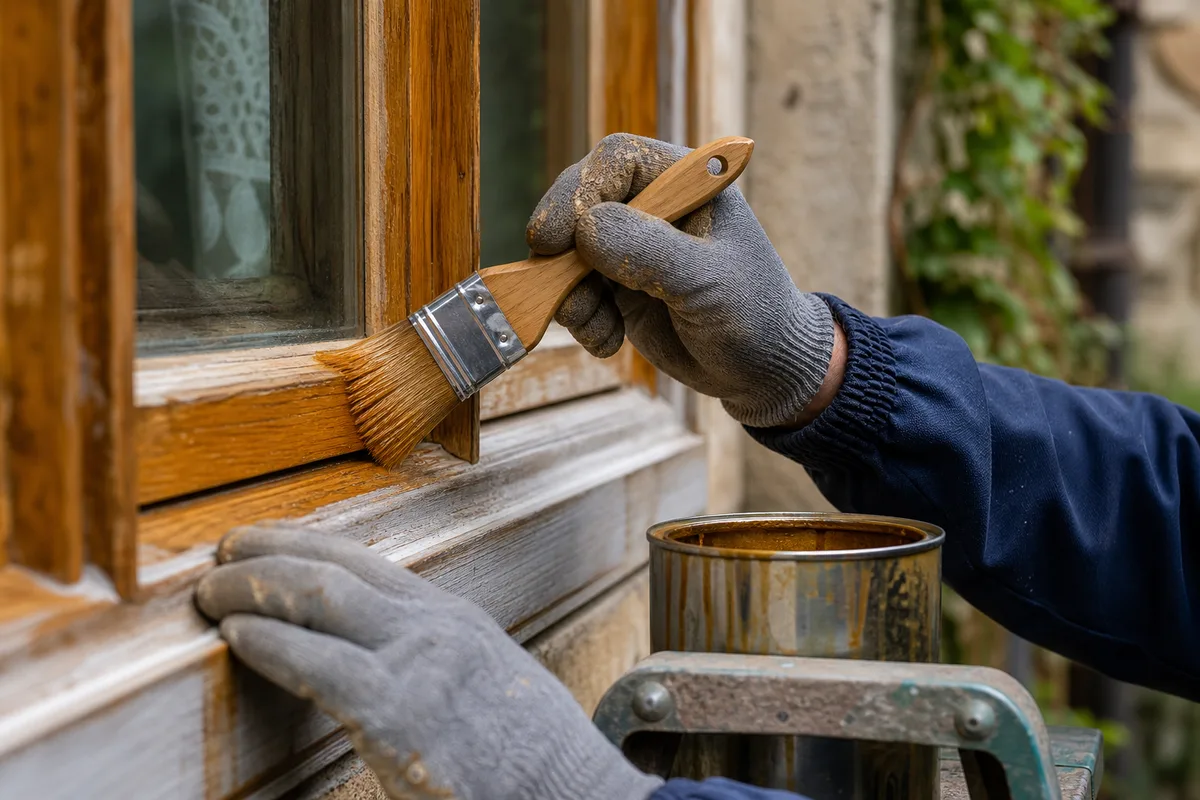 Artisan menuisier appliquant une lasure au pinceau sur une fenêtre en bois ancienne