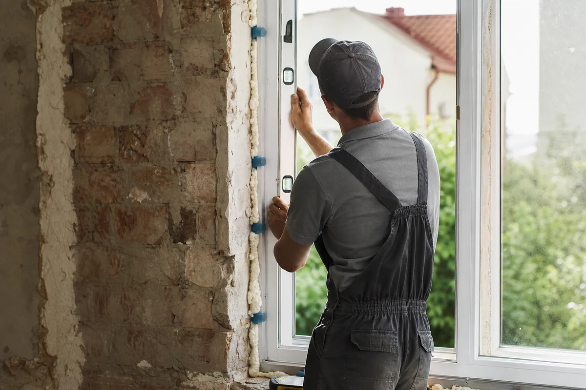 Poseur ajustant une fenêtre PVC neuve dans une ouverture de mur en brique lors d’une rénovation