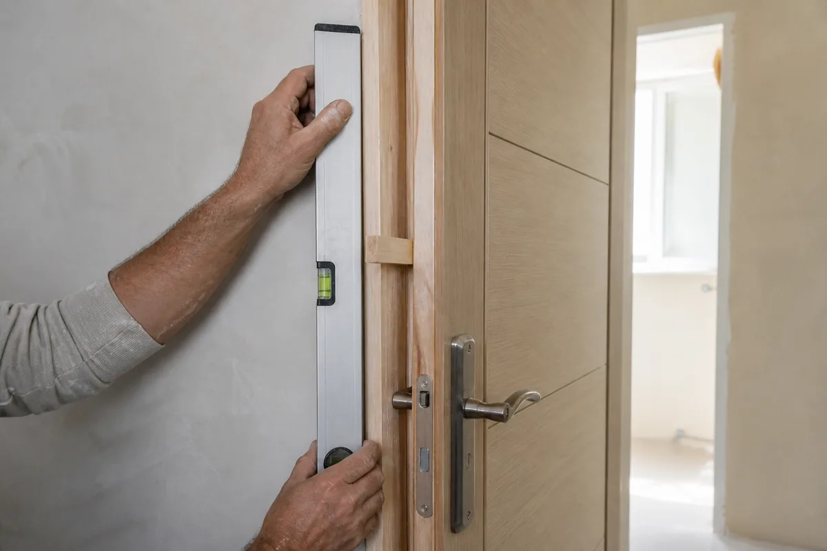 Pose d’un bloc-porte, niveau à bulle plaqué contre le montant du bâti, mains de l’artisan