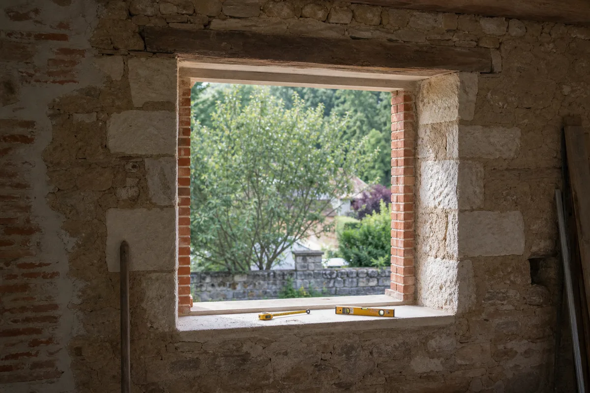Tableau en pierre préparé pour une pose de fenêtre en tunnel