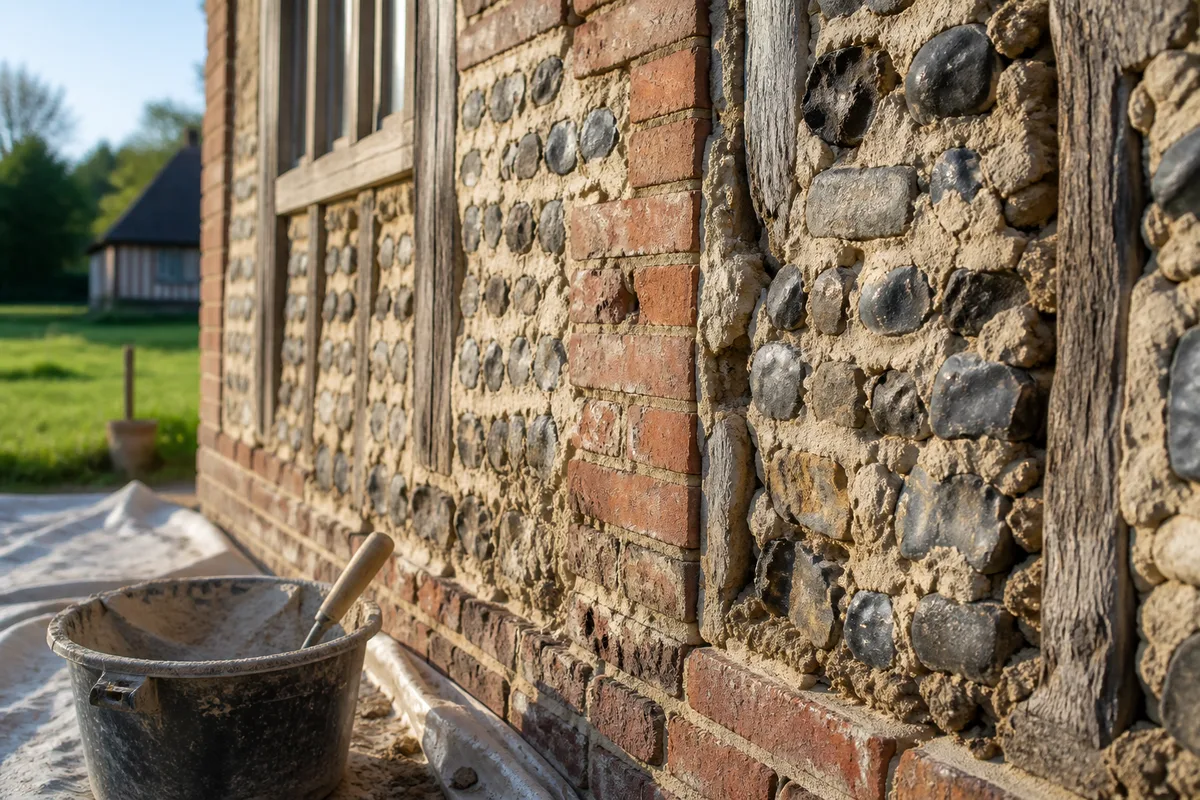 Mur de longère normande en silex, brique et pan de bois sur un chantier de rénovation