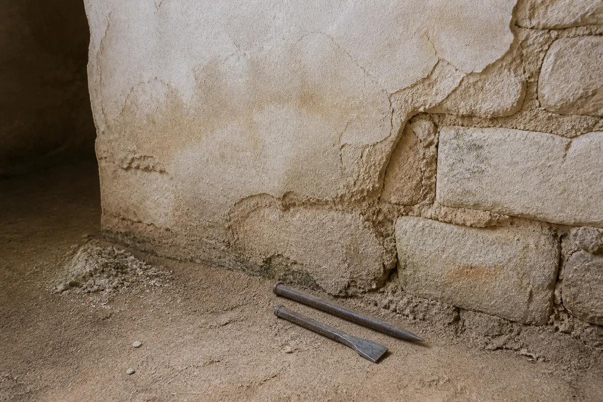 Pied de mur en pierre à l’enduit écaillé marqué par l’humidité, poinçon et burin posés au sol pendant le diagnostic