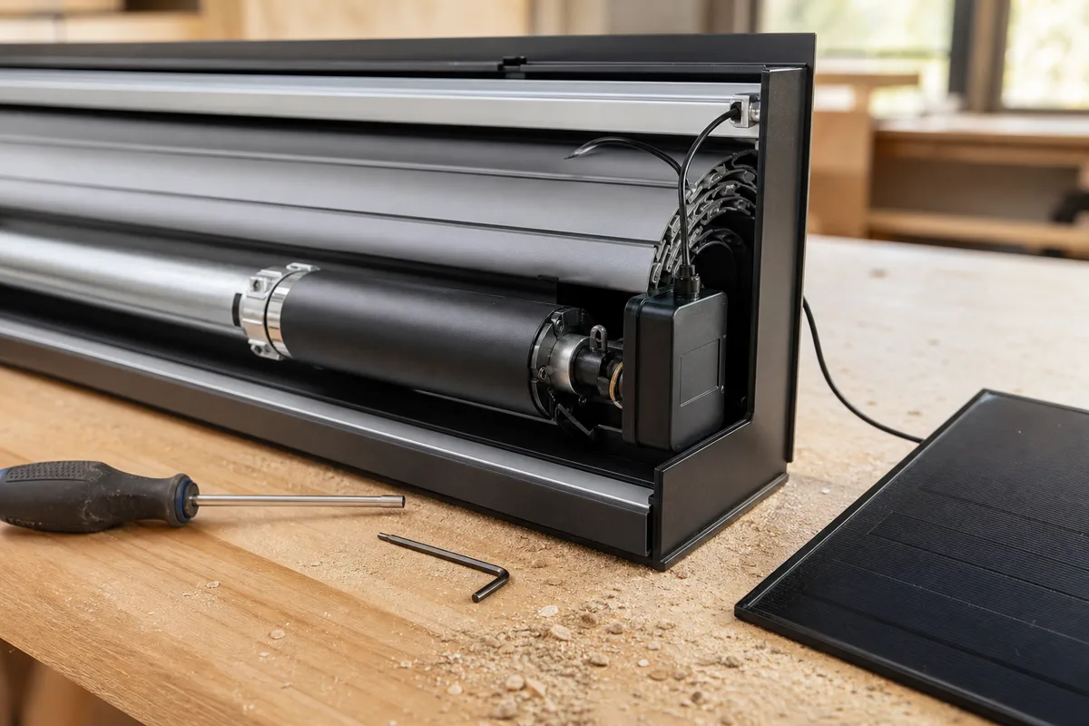 Coffre de volet roulant ouvert laissant voir le capteur solaire, la batterie et le moteur tubulaire