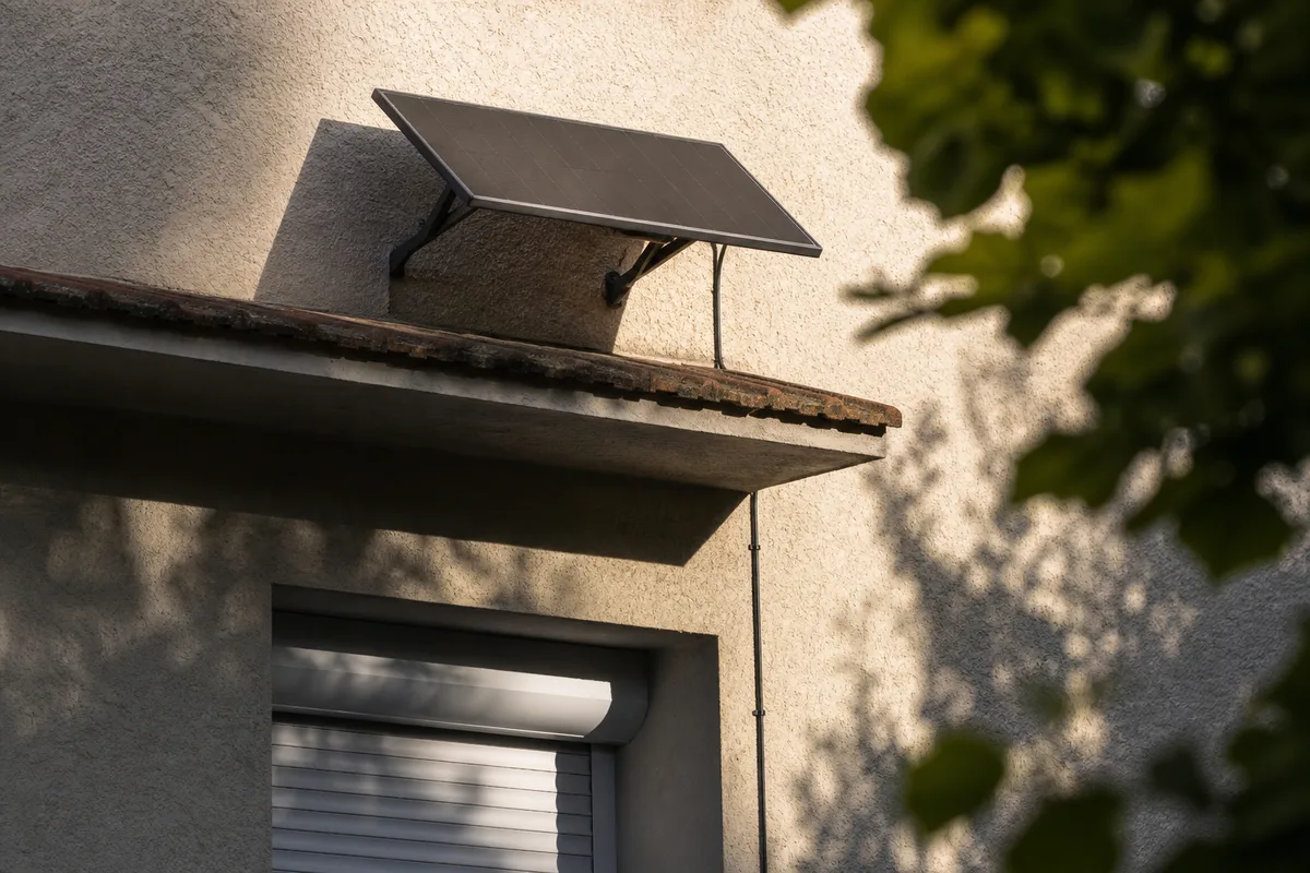 Capteur photovoltaïque déporté fixé en partie haute d’une façade au-dessus d’une baie ombragée